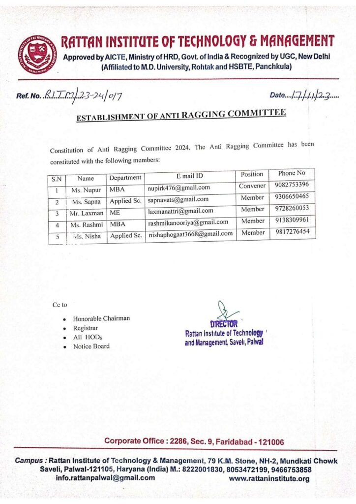 Anti Ragging Committe Committee - Rattan Institute of Technology & Management